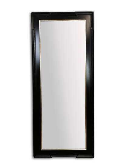 Lustro w czarnej ramie na wymiar 70×170 cm — pionowe lustro ścienne z flamandzkimi narożnikami i wewnętrznym paskiem z białego złota płatkowego 6 karat na bolusie śliwkowym.
