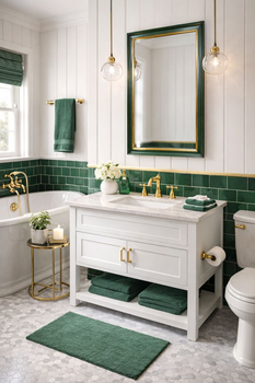 Lustro w ramie drewnianej w kolorze zieleni butelkowej z dodatkiem złocenia złotem płatkowym 23 karat w aranżacji łazienki